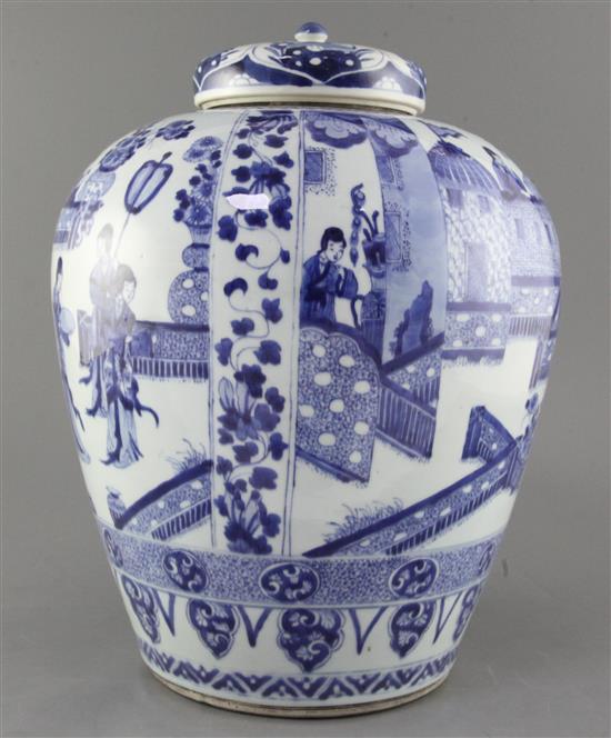 A large Chinese blue and white ovoid jar, Kangxi period, 37.5cm, restored